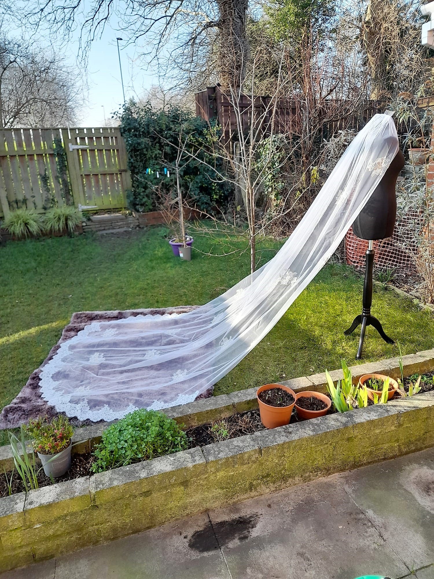 Off-White Cathedral Wedding Veil: Silver Applique, With Comb