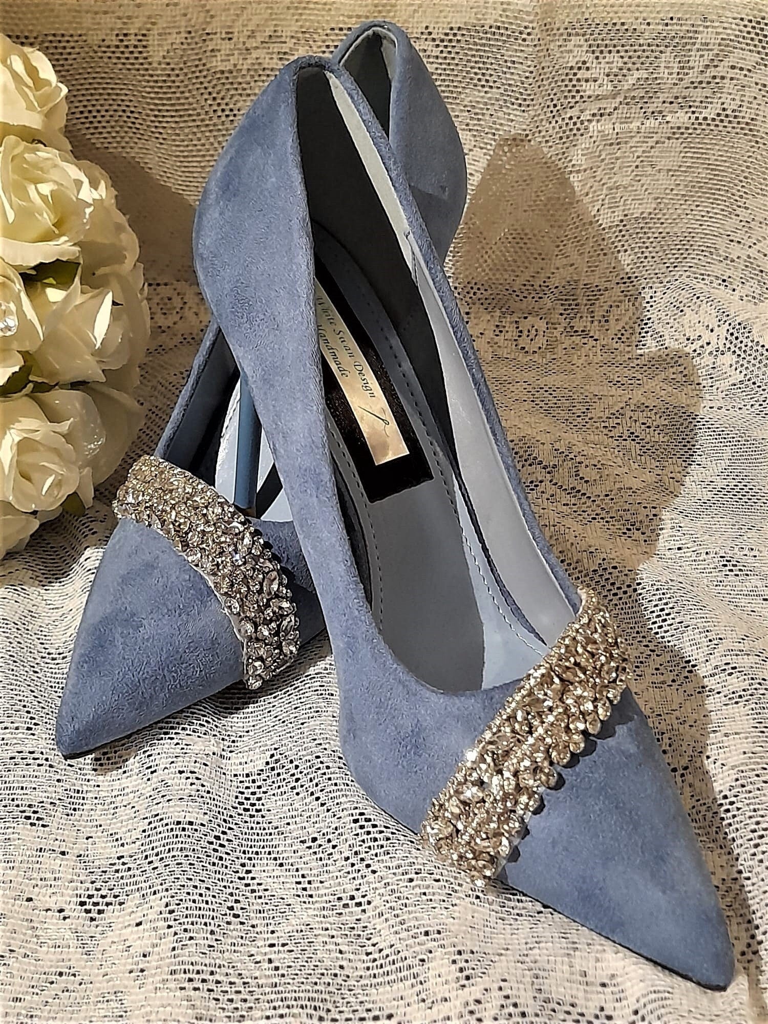 Suede Something Blue Shoes,Decorated Wedding Heels,Shoes For Bridesmaid