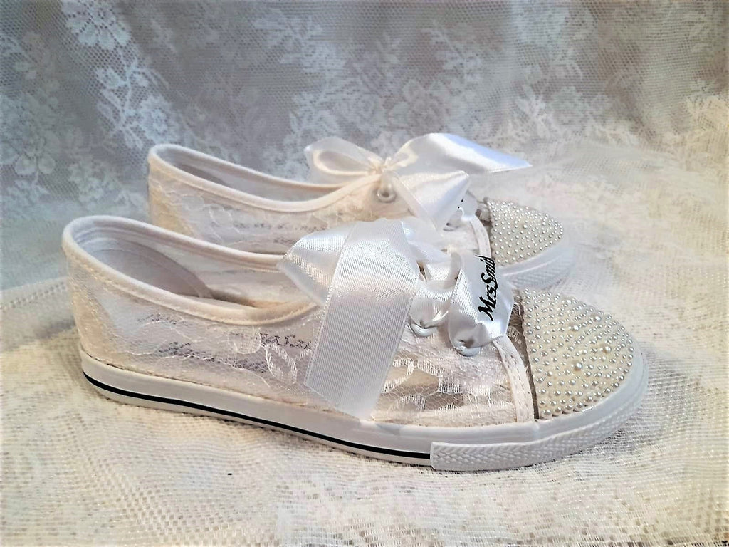 Customized Bridal Converse With Pearls,Personalized Sneakers,Flat Trainers For Bride