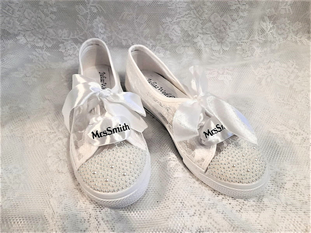 Customized Bridal Converse With Pearls,Personalized Sneakers,Flat Trainers For Bride