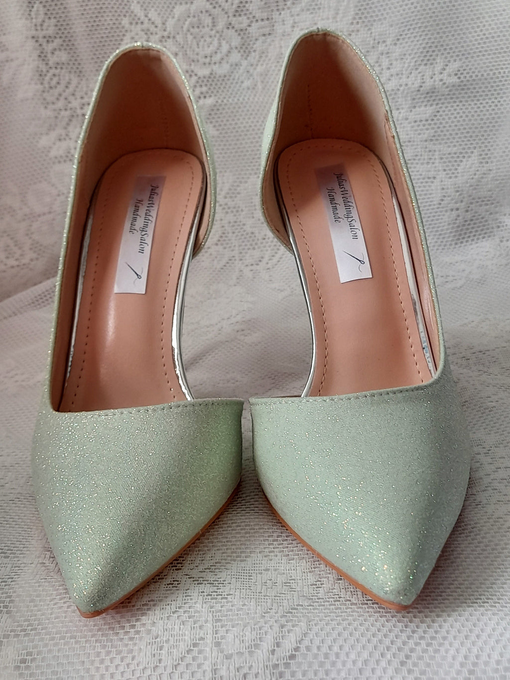 Sage Green Glitter Bridal Shoes: Floral Heel, Bridesmaid Shoes
