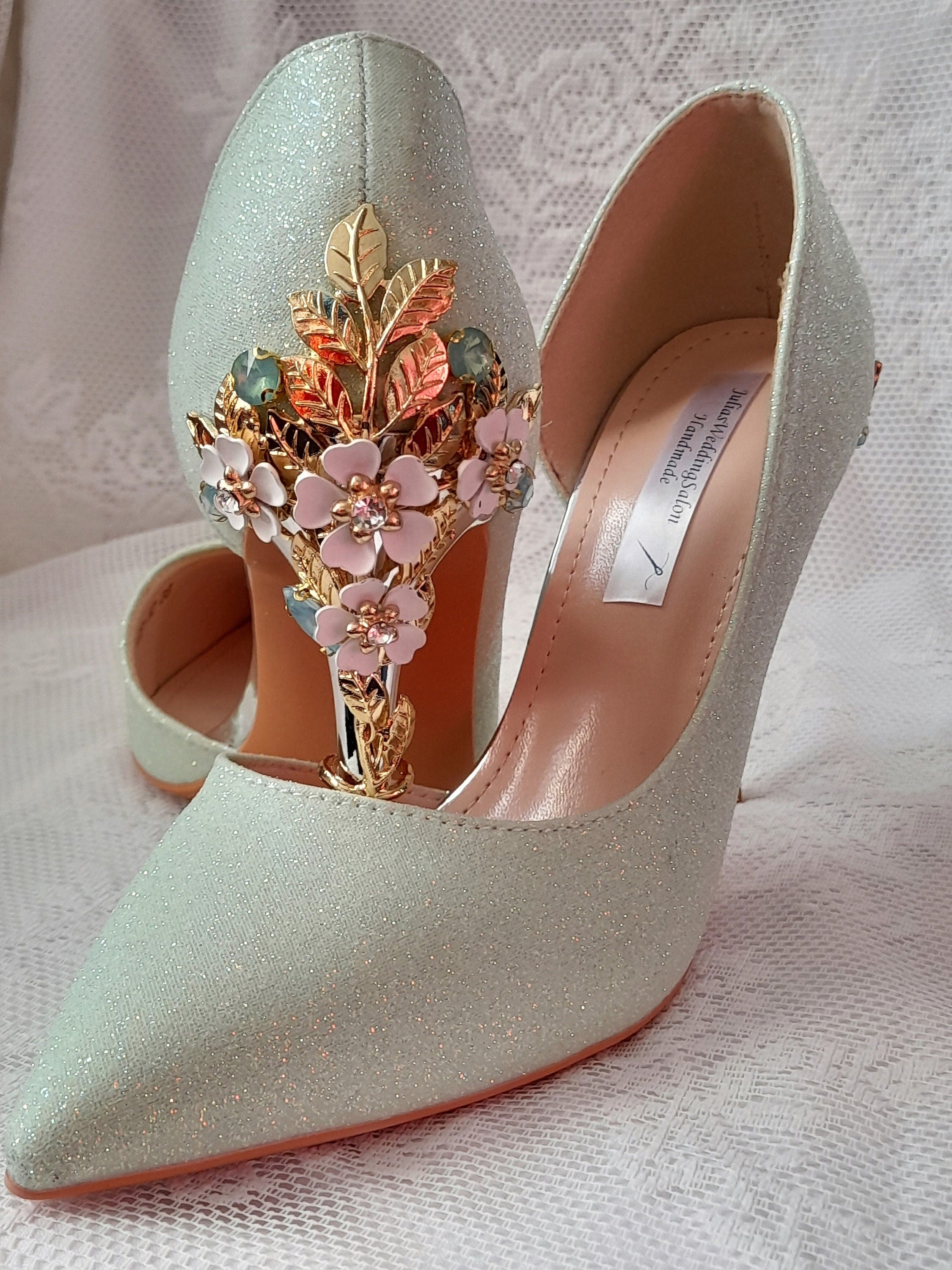 Sage Green Glitter Bridal Shoes: Floral Heel, Bridesmaid Shoes