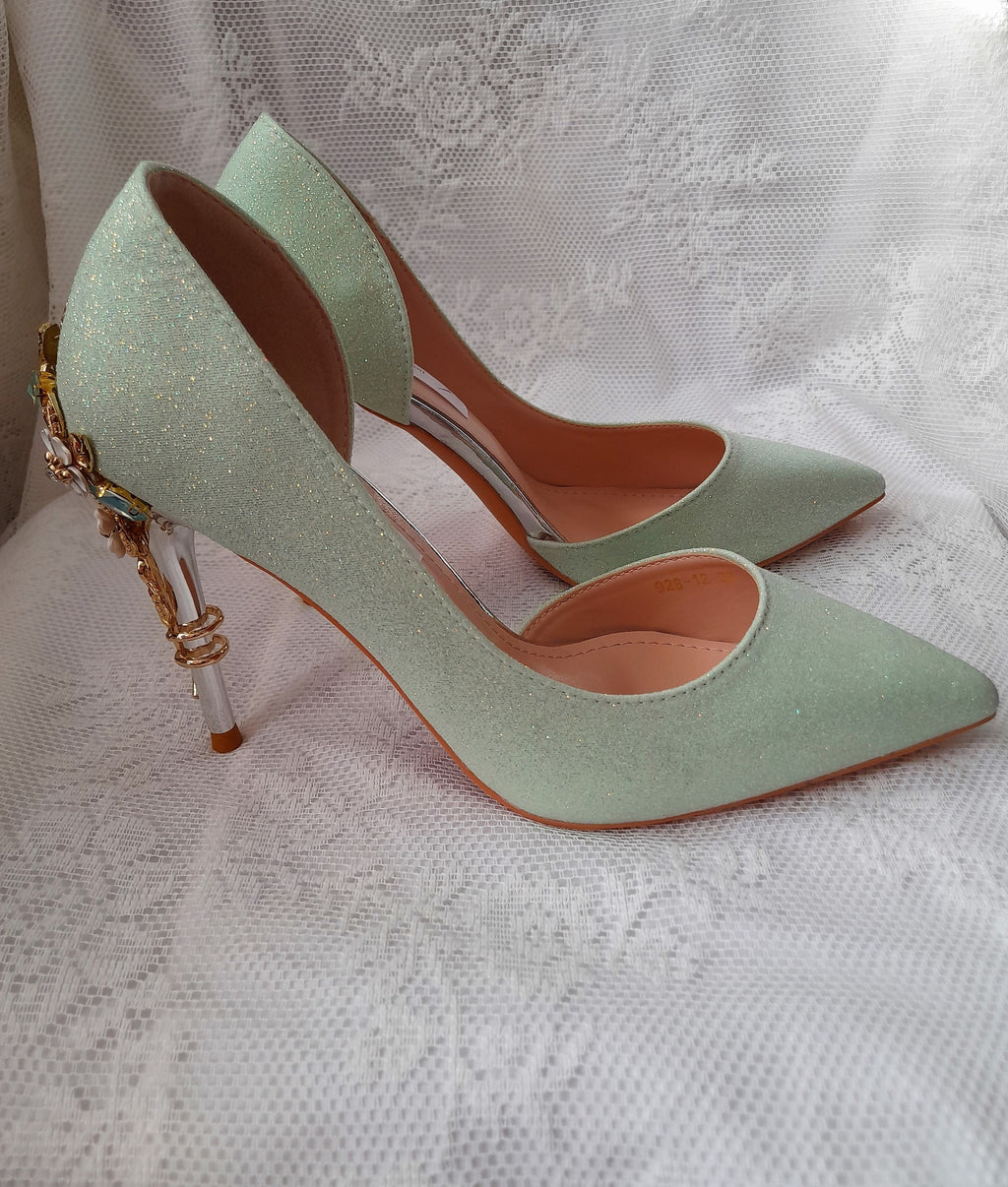 Sage Green Glitter Bridal Shoes: Floral Heel, Bridesmaid Shoes