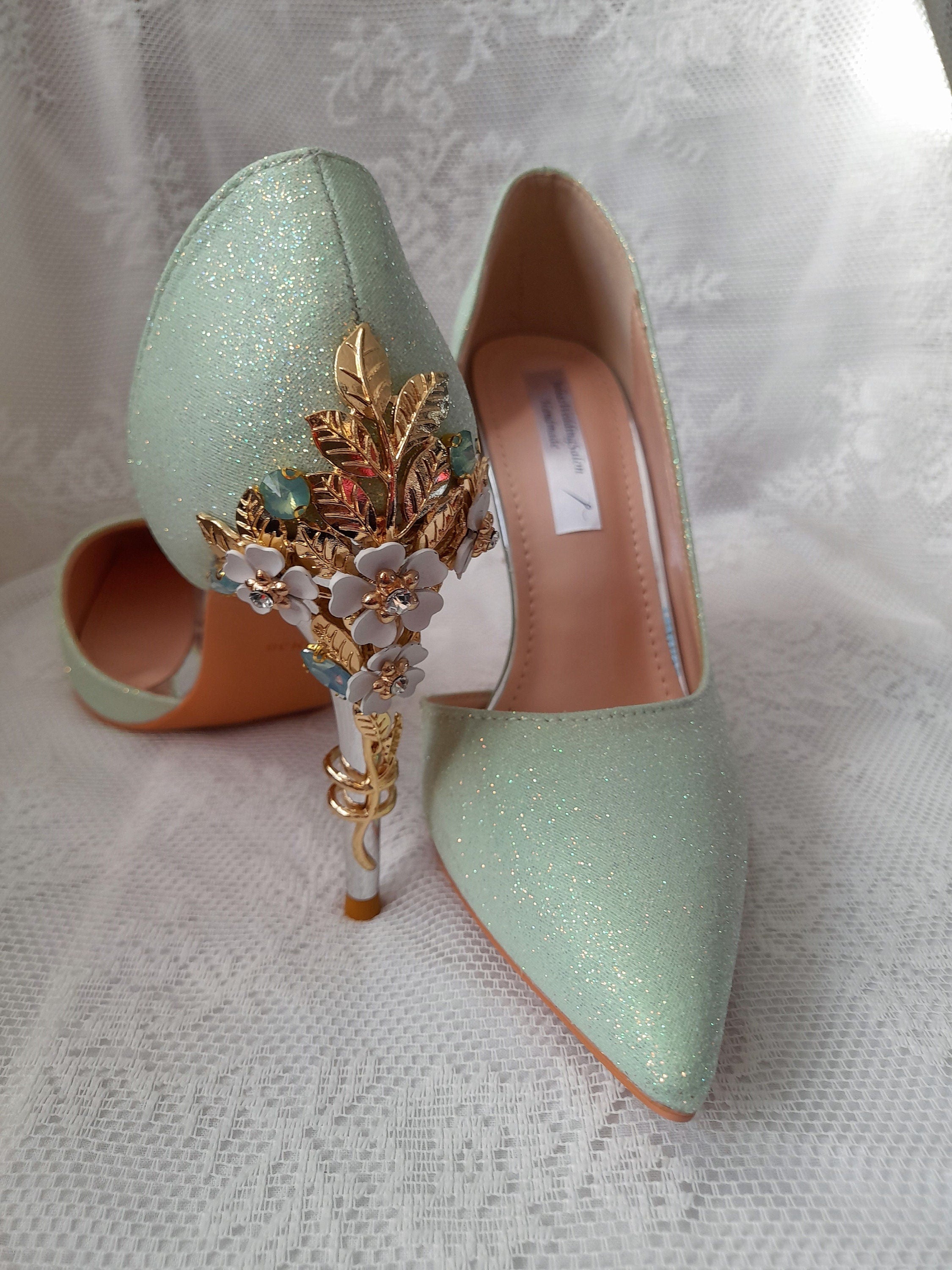Sage Green Glitter Bridal Shoes: Floral Heel, Bridesmaid Shoes