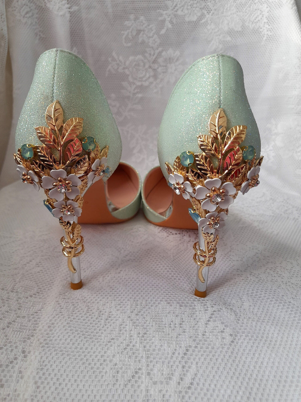 Sage Green Glitter Bridal Shoes: Floral Heel, Bridesmaid Shoes