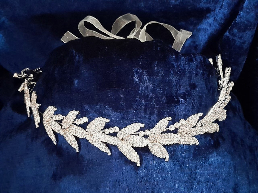 Silver Bridal Headband,Leaf Headpiece,Crystal Accessory