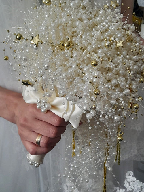 Celestial Pearl Wedding Bouquet: Ivory Waterfall Cascade with Gold Stars