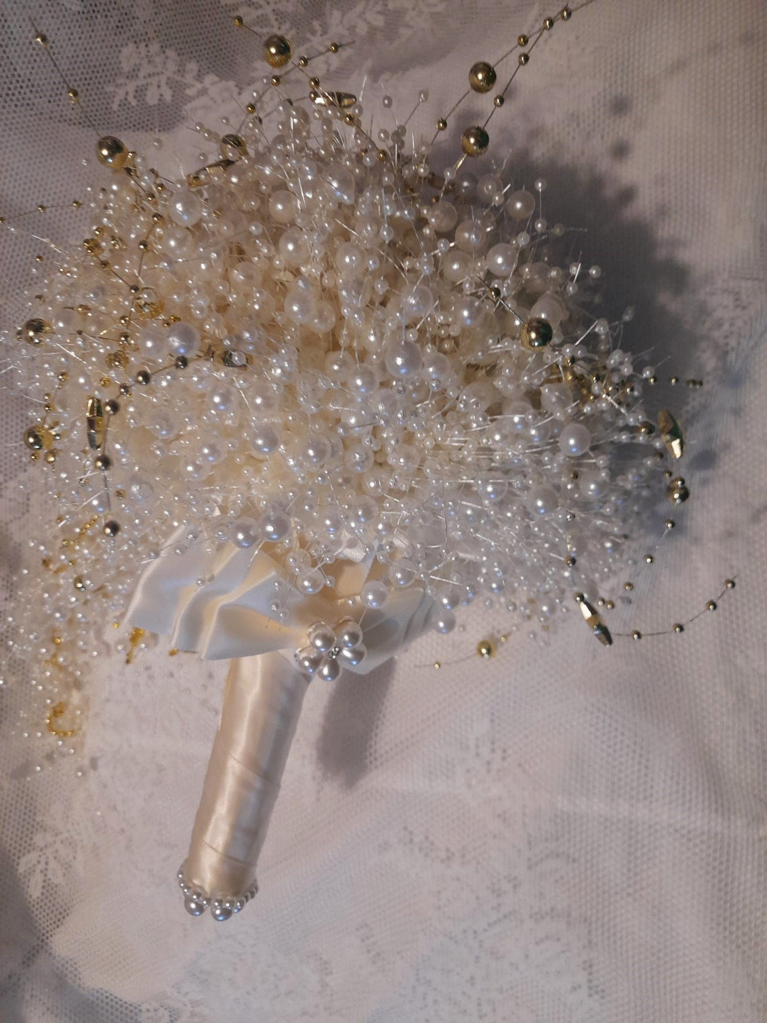 Celestial Pearl Wedding Bouquet: Ivory Waterfall Cascade with Gold Stars