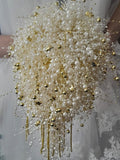 Celestial Pearl Wedding Bouquet: Ivory Waterfall Cascade with Gold Stars