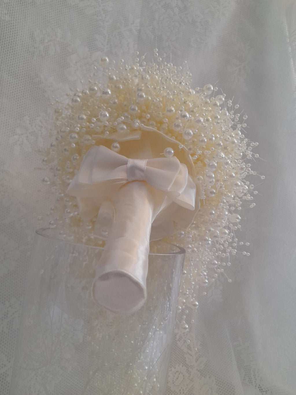 Minimalist Ivory Pearl Waterfall Bridal Bouquet,Cascading Wedding Beaded Bouquet