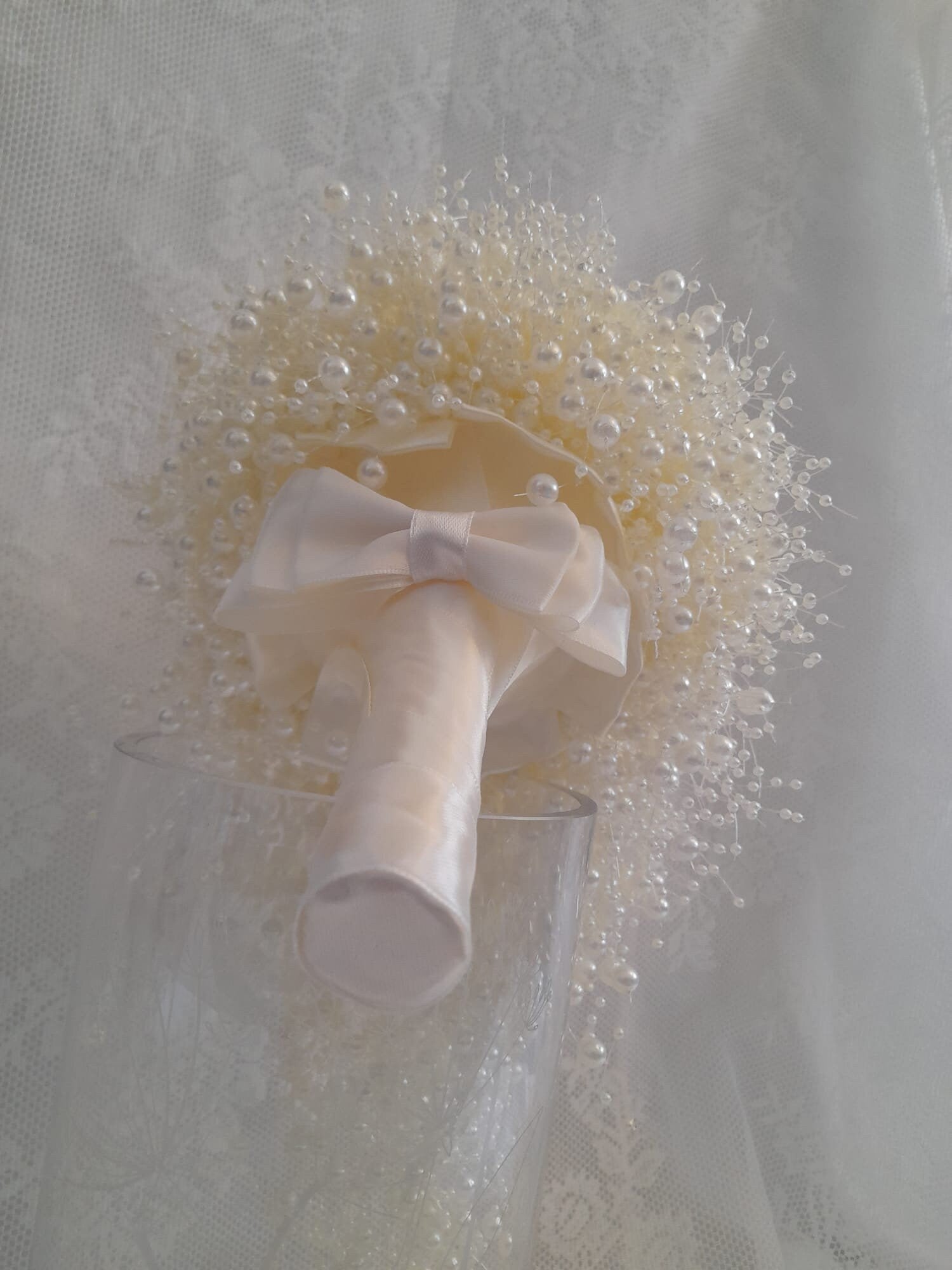 Minimalist Ivory Pearl Waterfall Bridal Bouquet,Cascading Wedding Beaded Bouquet