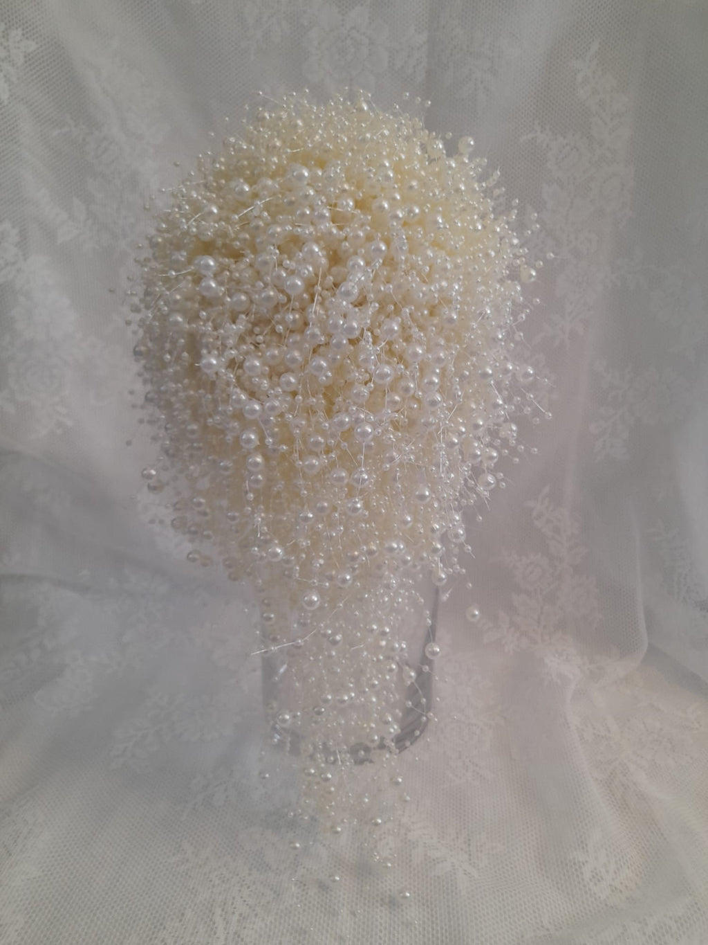 Minimalist Ivory Pearl Waterfall Bridal Bouquet,Cascading Wedding Beaded Bouquet