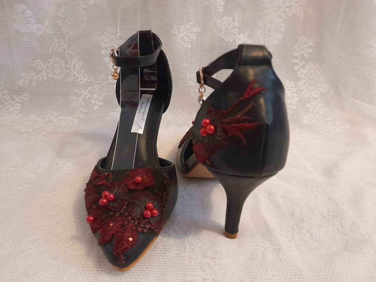 Black Gothic Bridal Shoes: Burgundy Floral Ankle Strap Heels