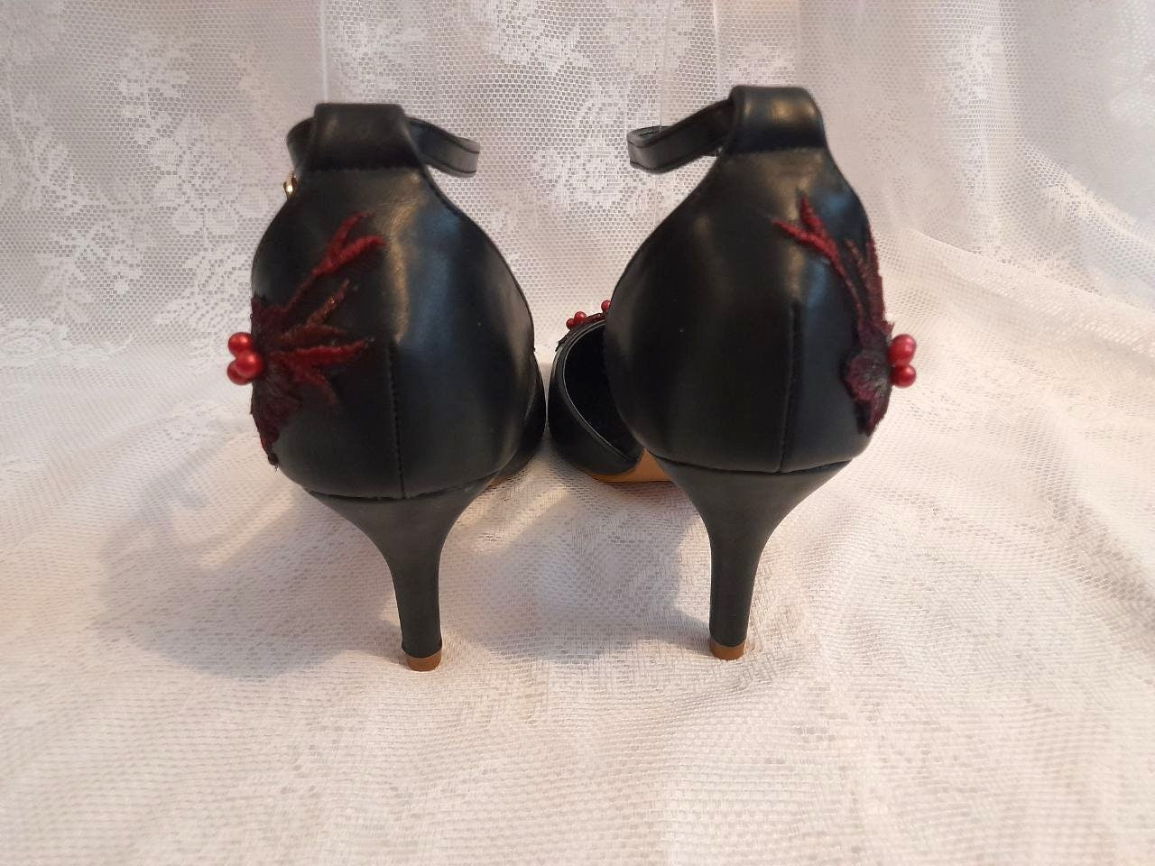 Black Gothic Bridal Shoes: Burgundy Floral Ankle Strap Heels
