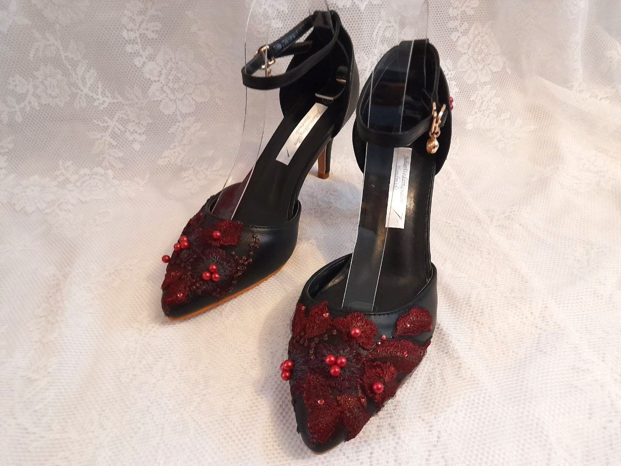 Black Gothic Bridal Shoes: Burgundy Floral Ankle Strap Heels