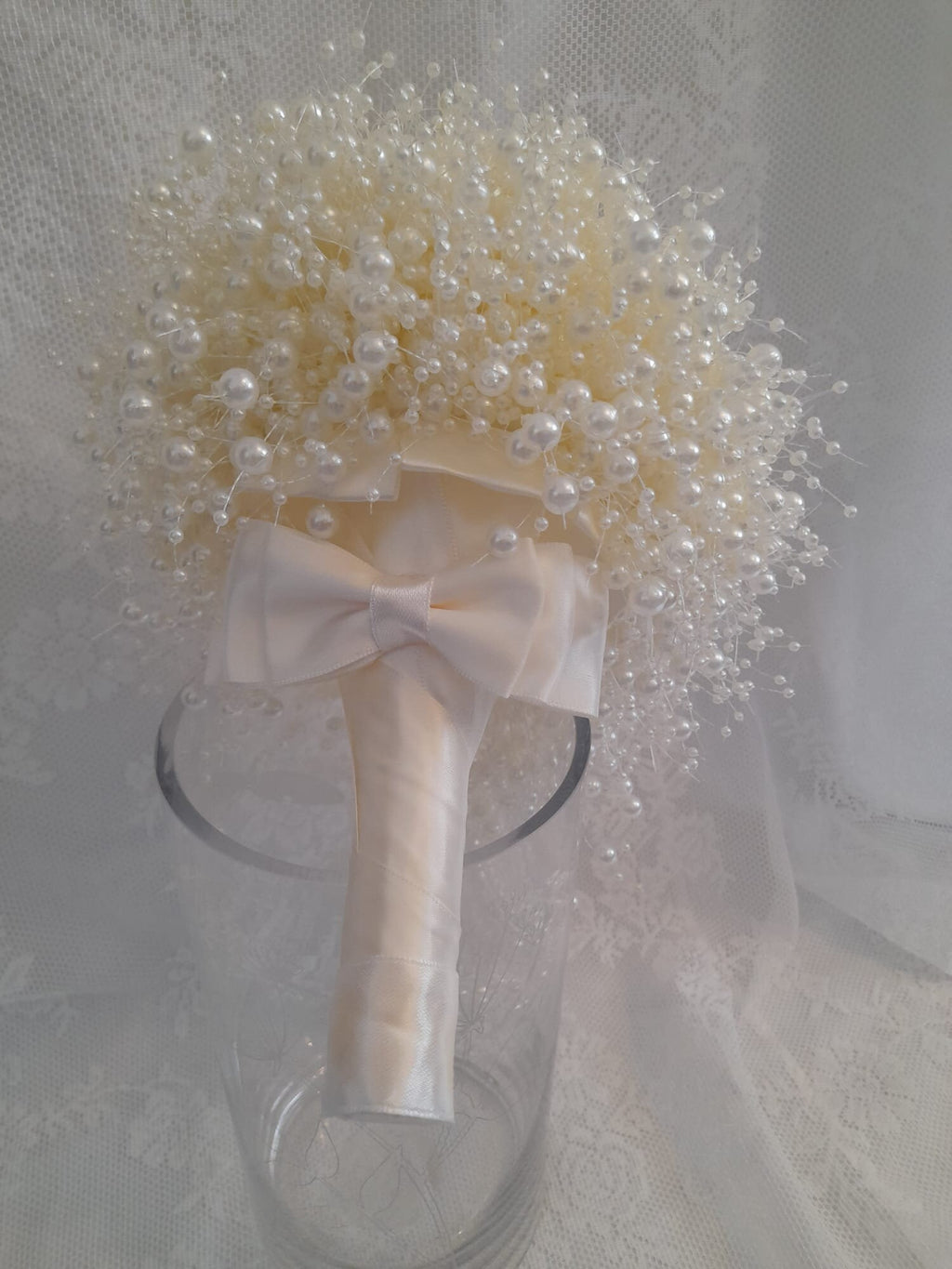 Minimalist Ivory Pearl Waterfall Bridal Bouquet,Cascading Wedding Beaded Bouquet