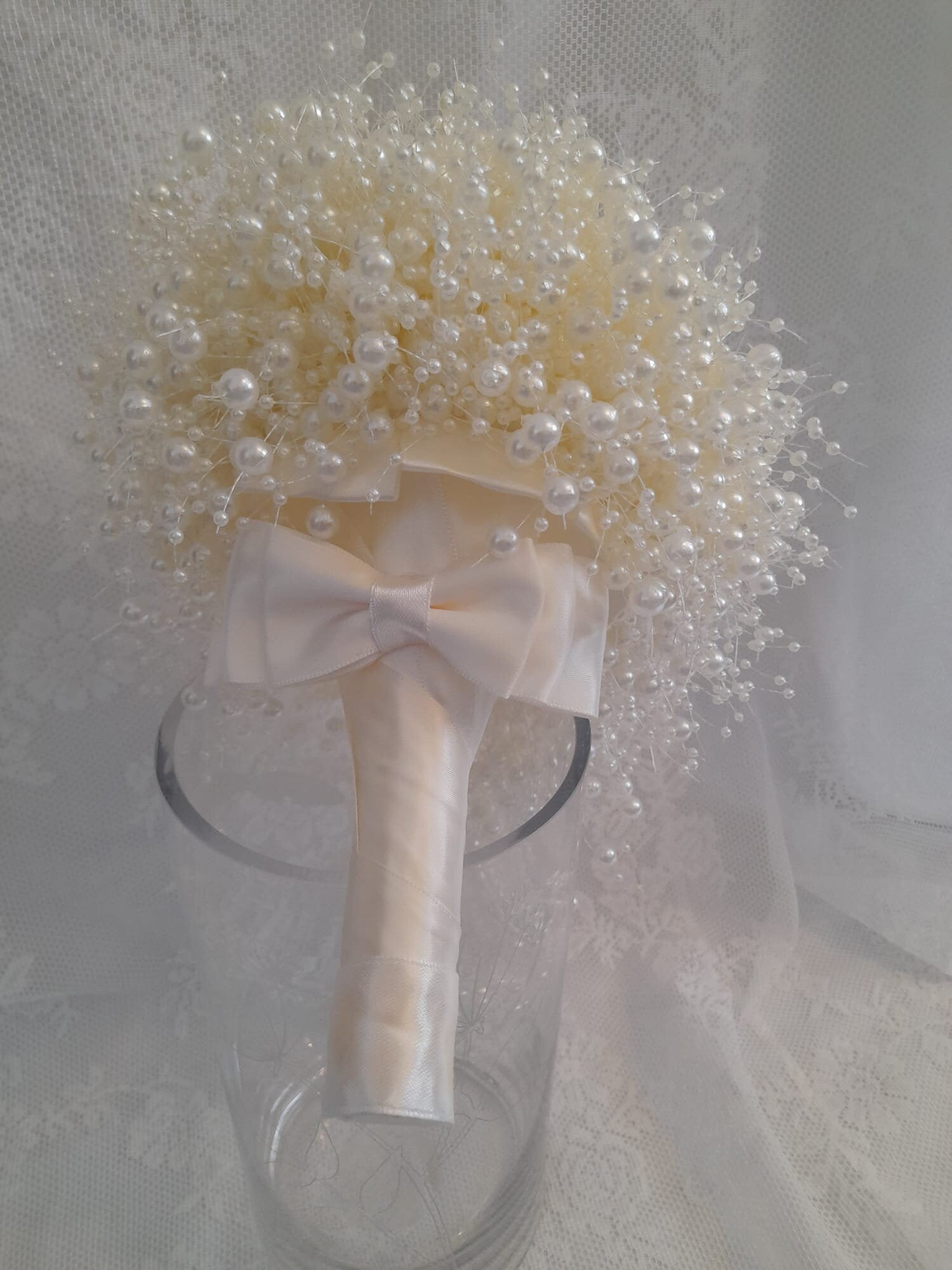 Minimalist Ivory Pearl Waterfall Bridal Bouquet,Cascading Wedding Beaded Bouquet