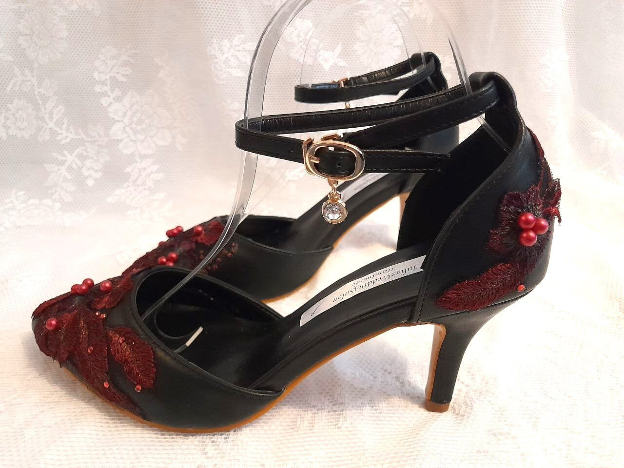 Black Gothic Bridal Shoes: Burgundy Floral Ankle Strap Heels