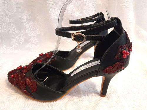 Black Gothic Bridal Shoes: Burgundy Floral Ankle Strap Heels