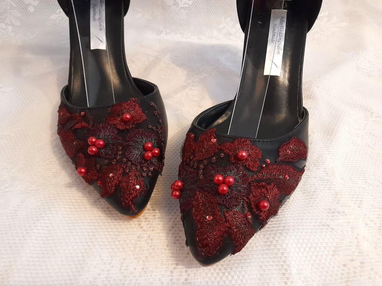 Black Gothic Bridal Shoes: Burgundy Floral Ankle Strap Heels