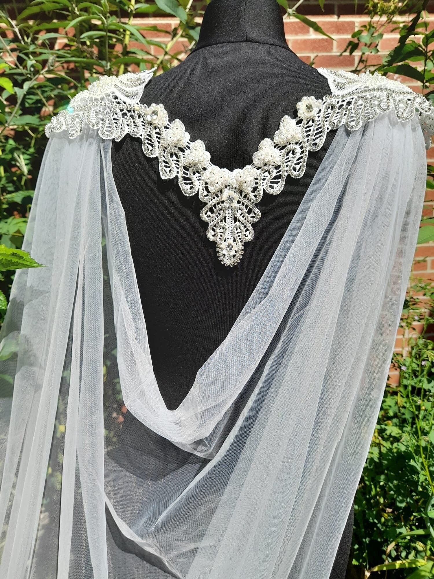 Off-white Wedding Cape Veil,Embellished Cloak,Cathedral Wrap