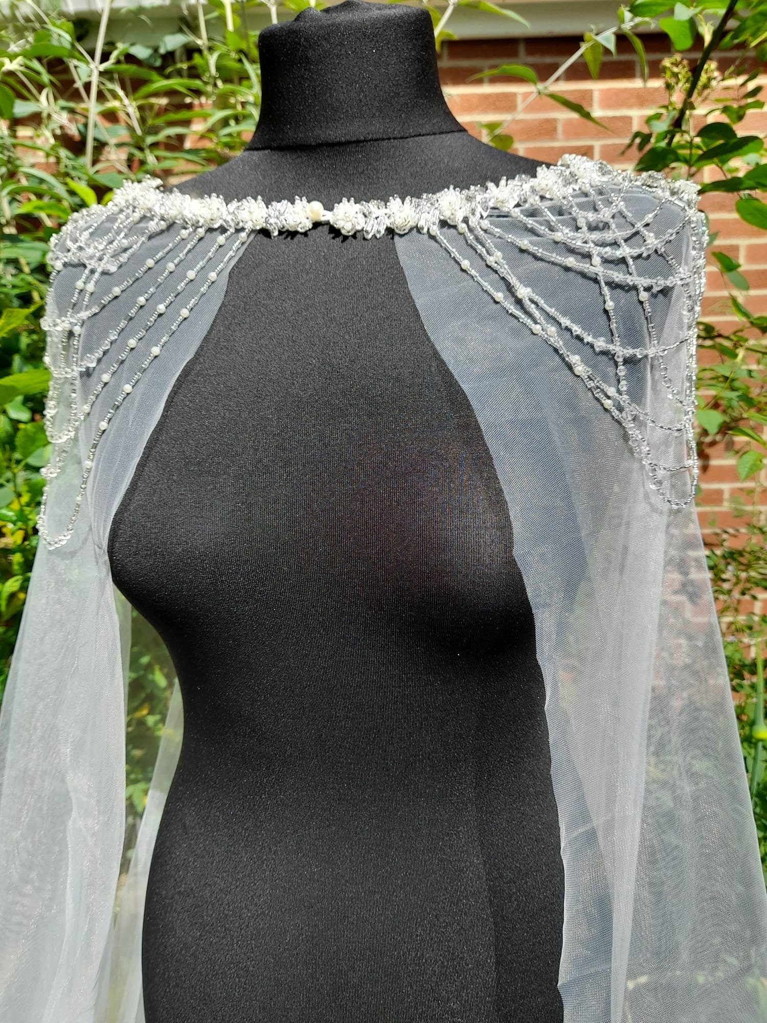 Off-white Wedding Cape Veil,Beaded Cloak,Cathedral Wrap