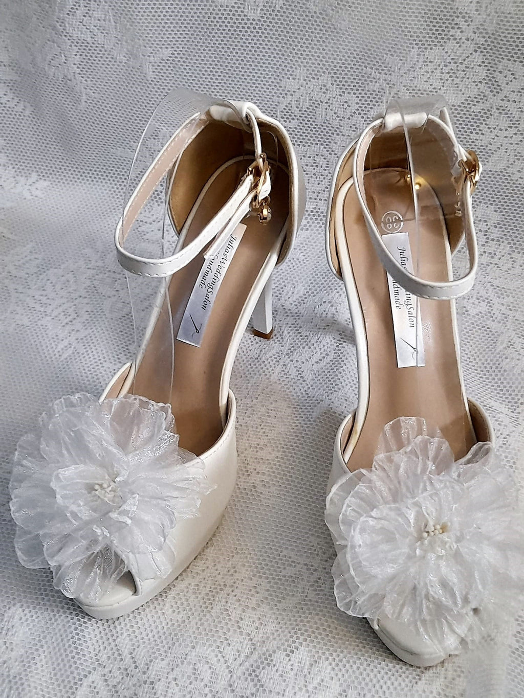 White Bridal Shoes: 3D Flower Wedding Heels