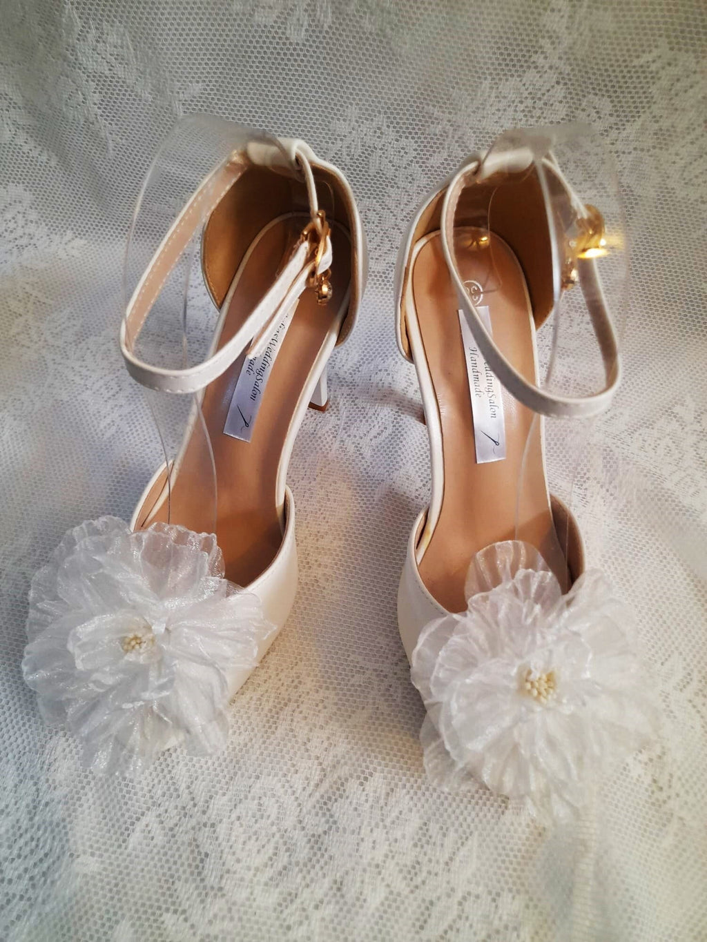 White Bridal Shoes: 3D Flower Wedding Heels
