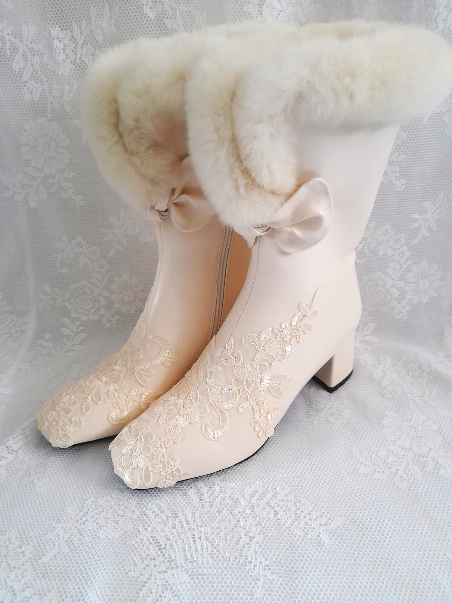 Beige Lace Faux Fur Wedding Boots For Bride,Cream Ankle Boots