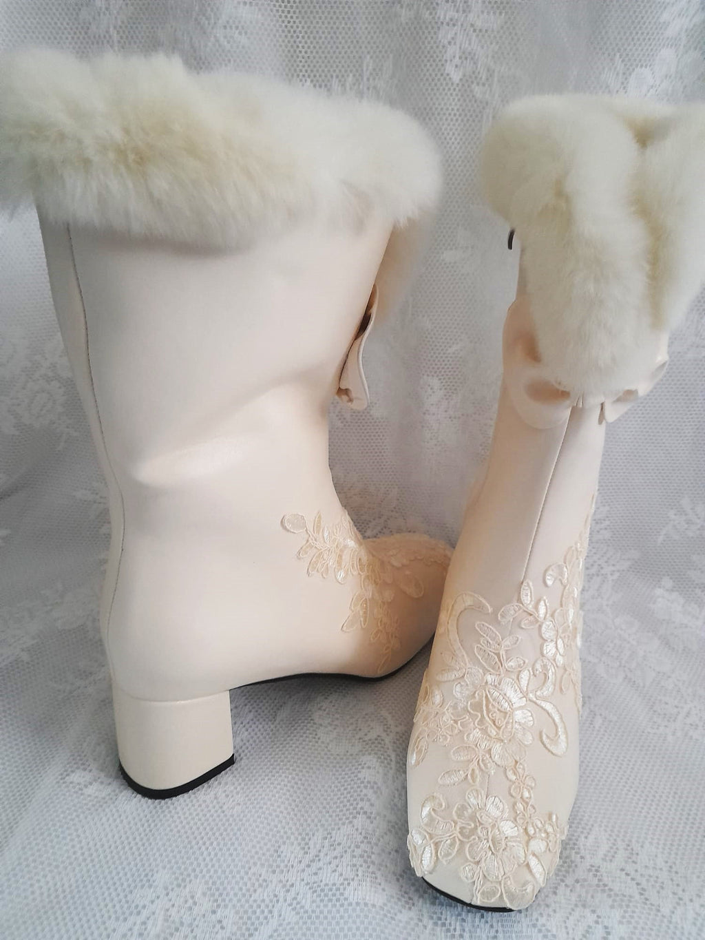Beige Lace Faux Fur Wedding Boots For Bride,Cream Ankle Boots