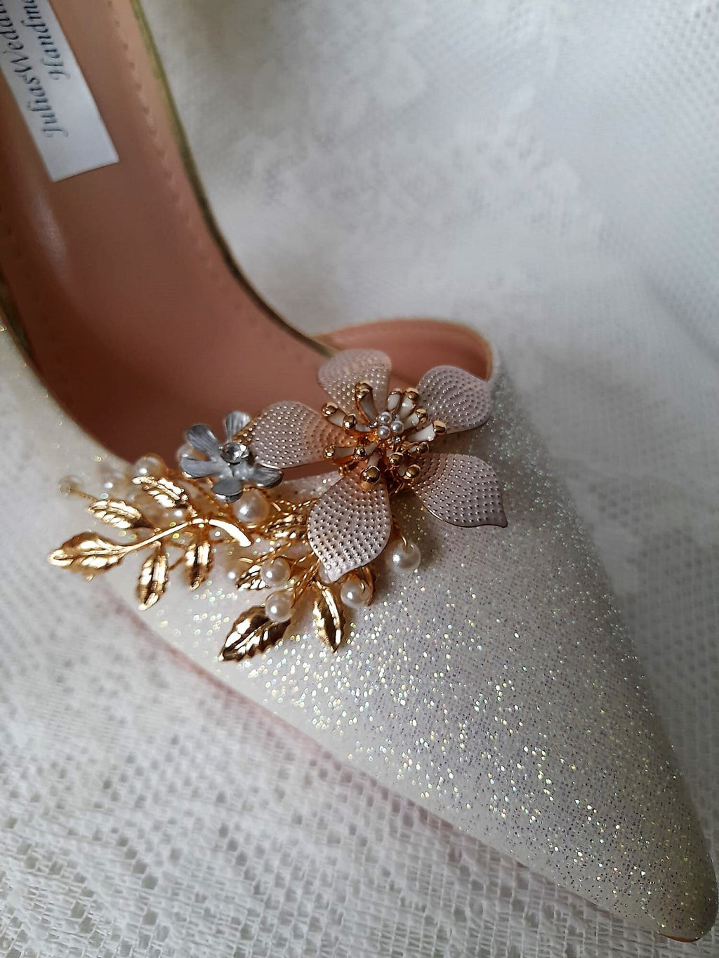 Elegant Wedding Shoe Clips with Gold Flower Accents - Bridal Shoe Accessories