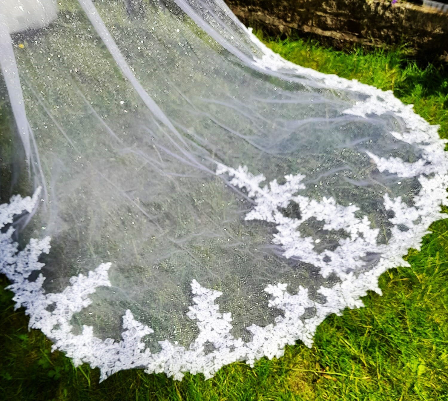 White Cathedral Veil With Glitter And Lace Edge And A Comb