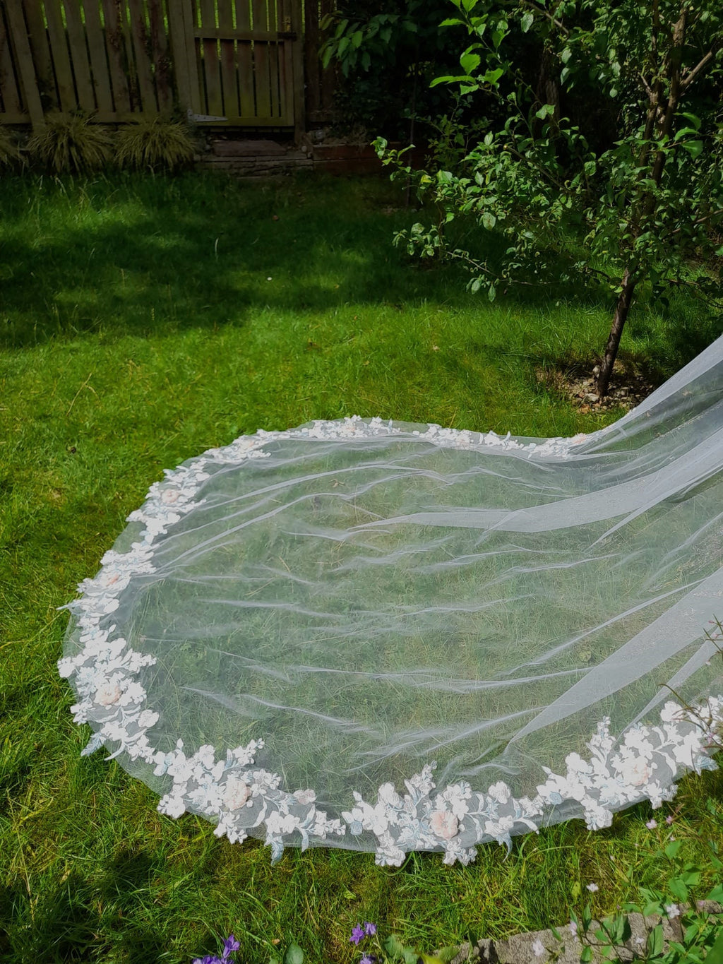 Floral Wedding Veil: Pink Flowers, Mint Green Leaves, One Tier