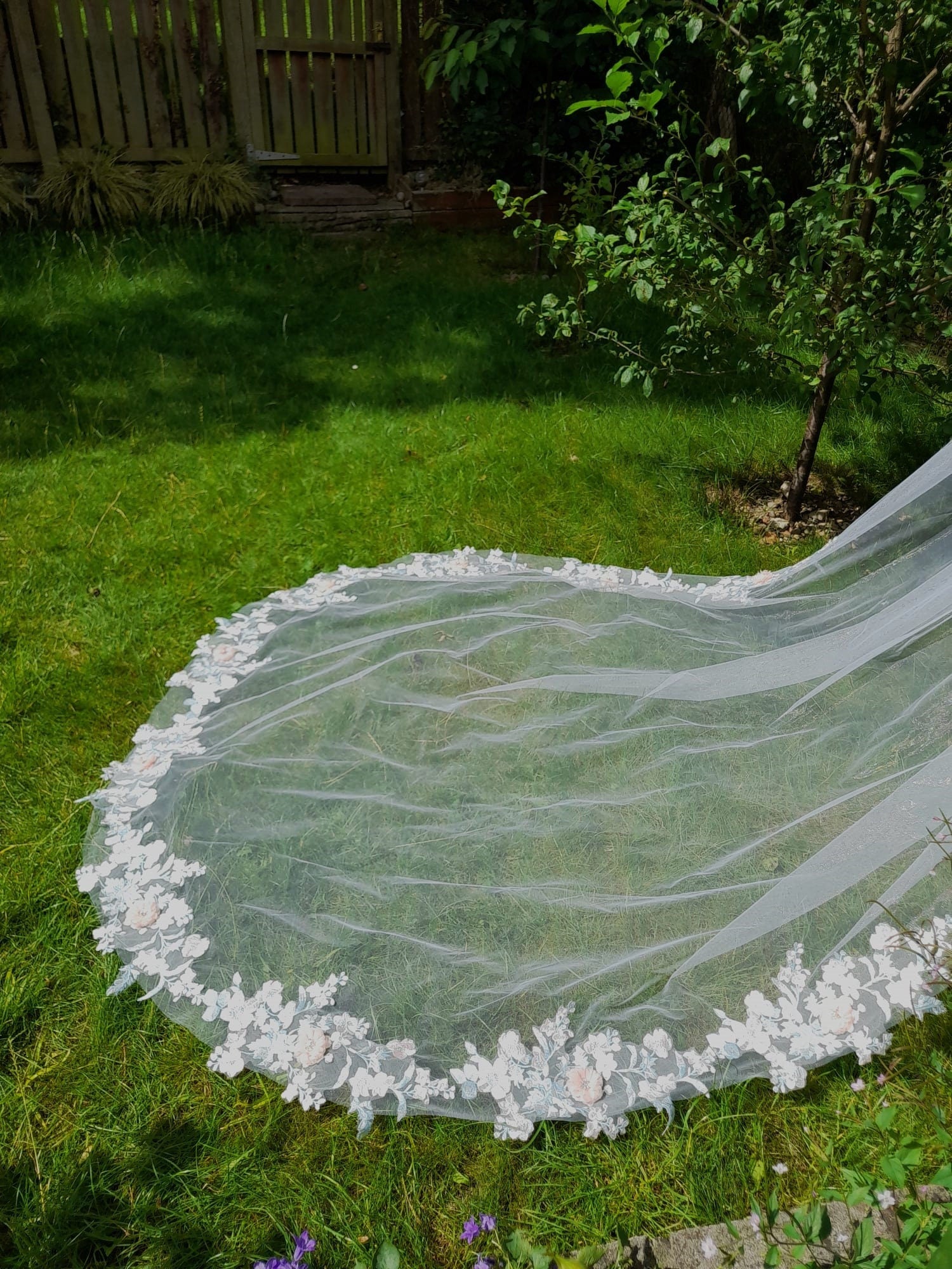 Floral Wedding Veil: Pink Flowers, Mint Green Leaves, One Tier