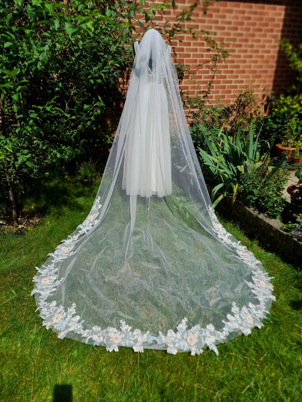Floral Wedding Veil: Pink Flowers, Mint Green Leaves, One Tier