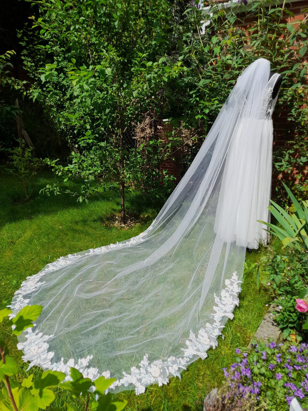 Floral Wedding Veil: Pink Flowers, Mint Green Leaves, One Tier