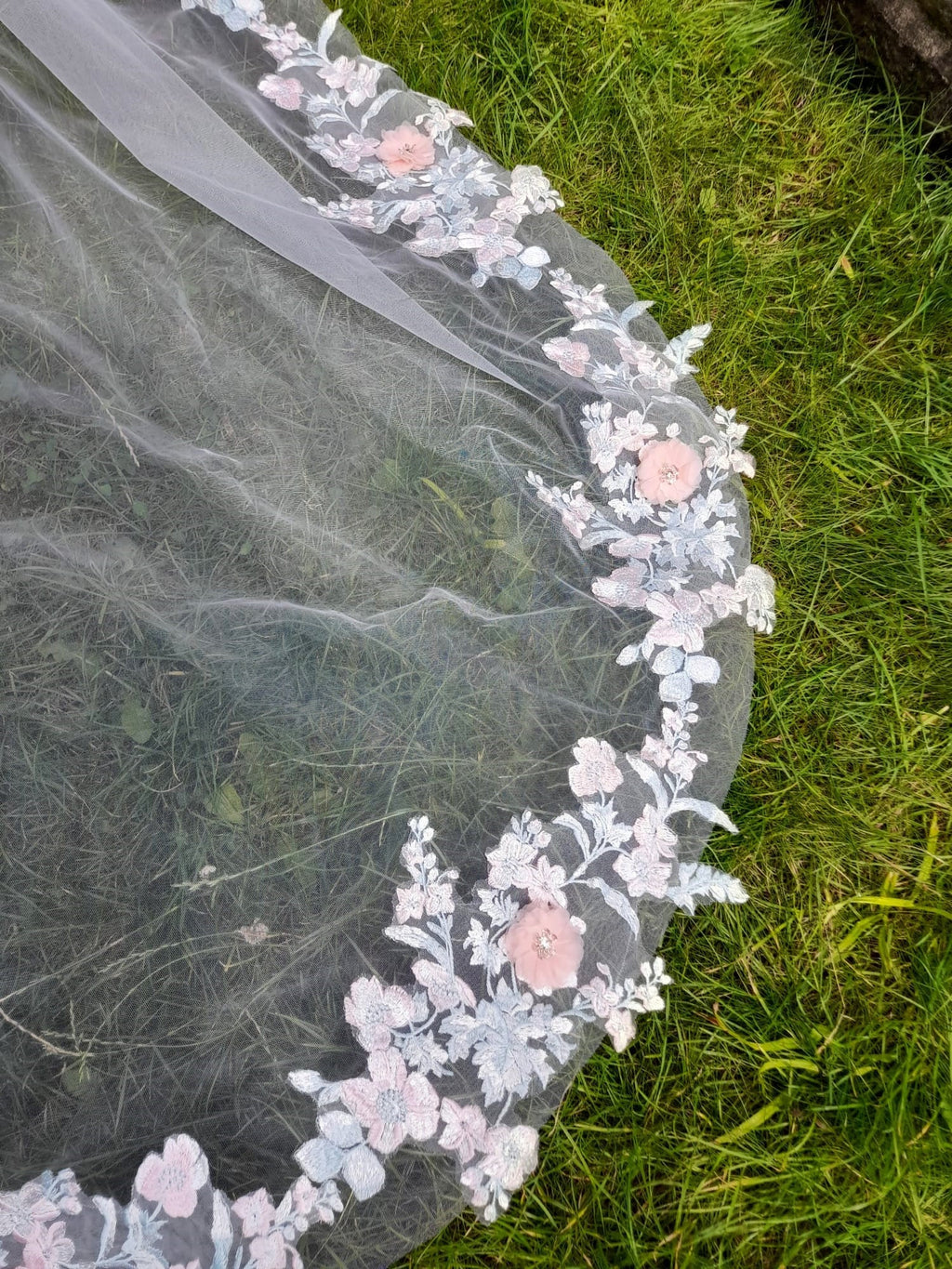 Floral Wedding Veil: Pink Flowers, Mint Green Leaves, One Tier