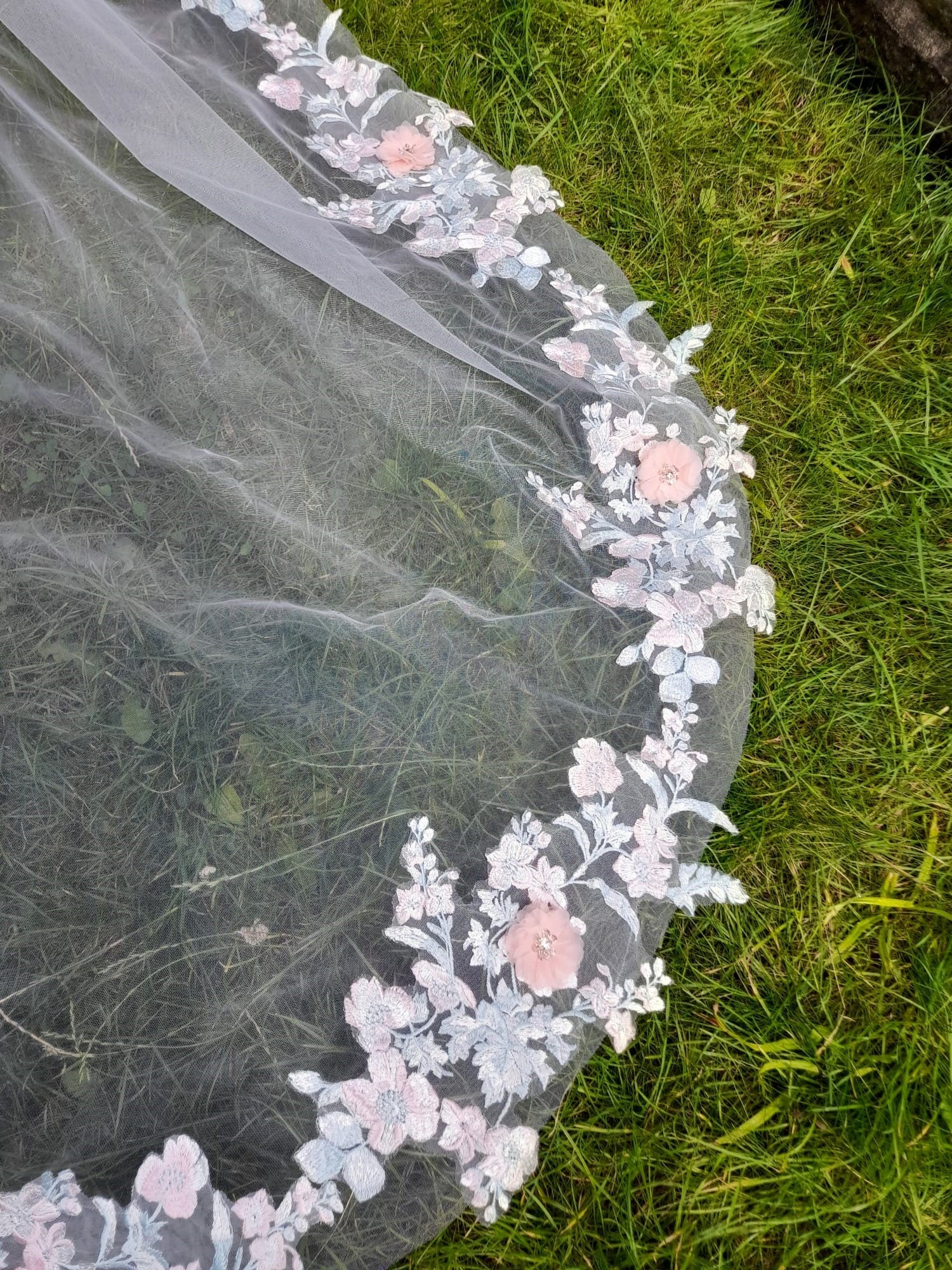 Floral Wedding Veil: Pink Flowers, Mint Green Leaves, One Tier