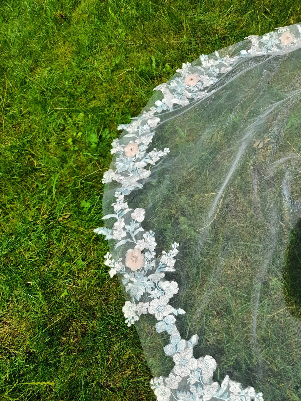 Floral Wedding Veil: Pink Flowers, Mint Green Leaves, One Tier