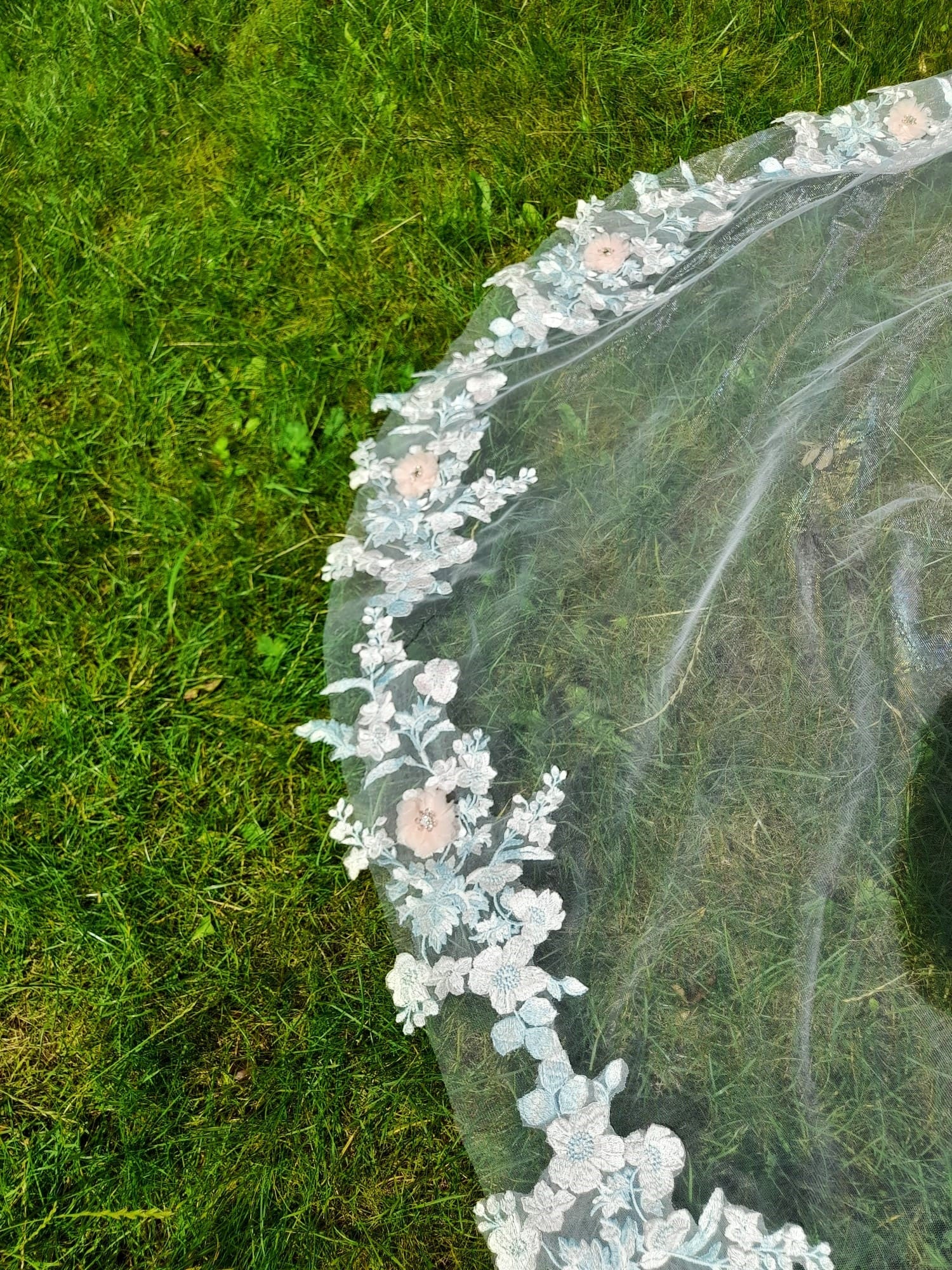 Floral Wedding Veil: Pink Flowers, Mint Green Leaves, One Tier