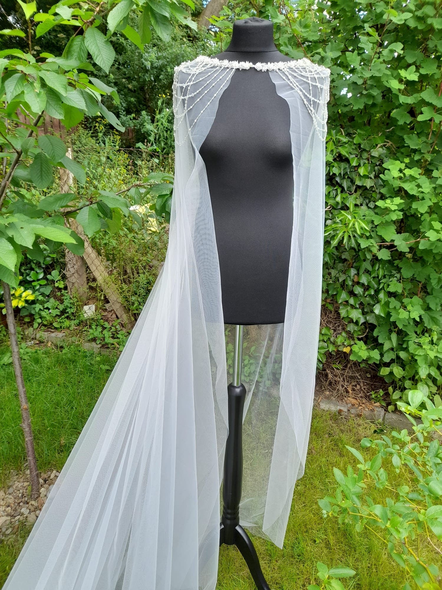 Off-white Wedding Cape Veil,Beaded Cloak,Cathedral Wrap