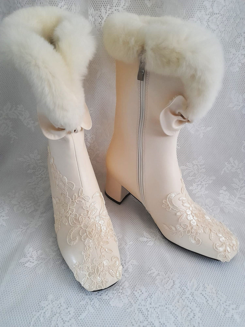 Beige Lace Faux Fur Wedding Boots For Bride,Cream Ankle Boots