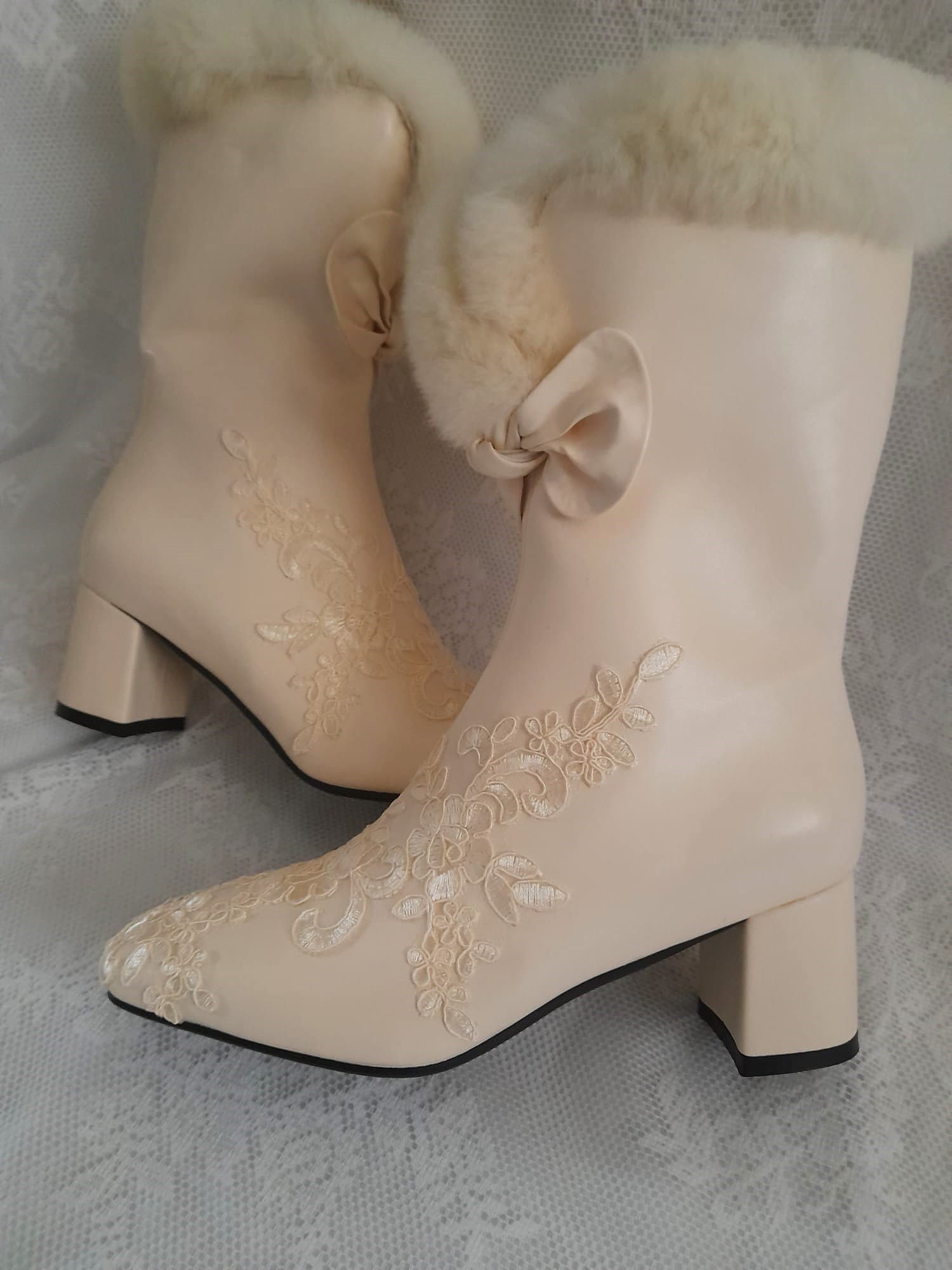 Beige Lace Faux Fur Wedding Boots For Bride,Cream Ankle Boots