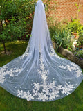 White Tulle Ivory Flowers One Tier Wedding Veil For Bride