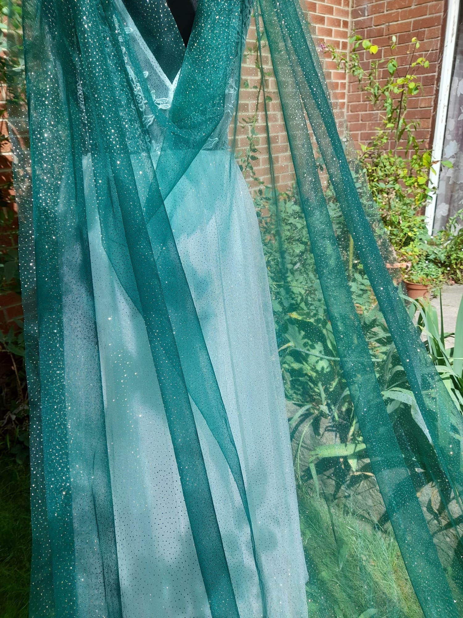 Emerald Green Wedding Cape Veil: Floral Applique Bridal Coverup with Gold Dust