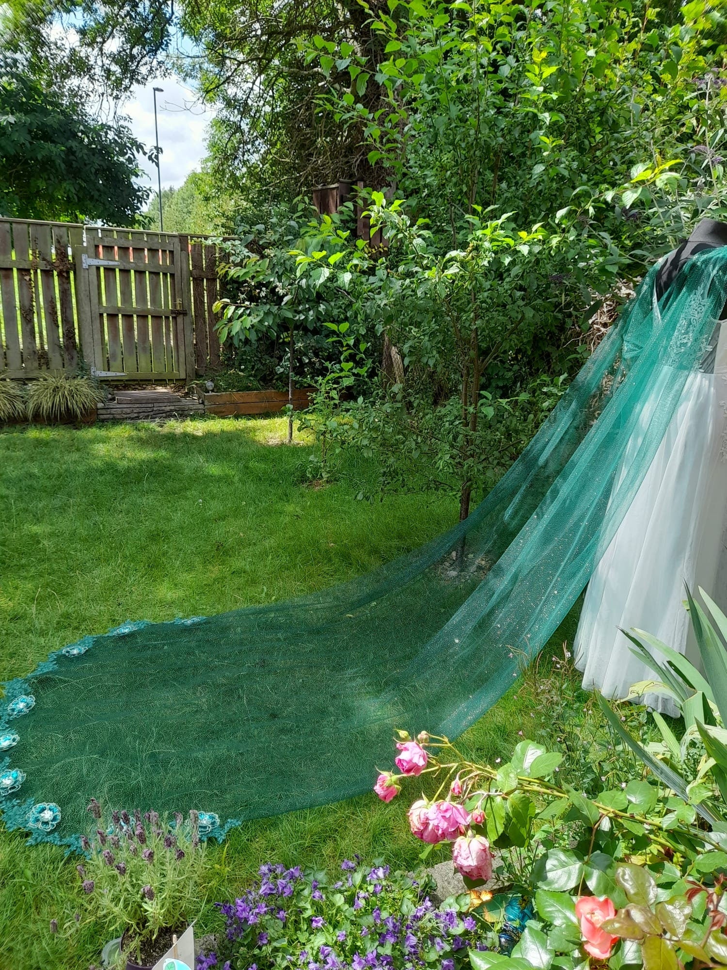 Emerald Green Wedding Cape Veil: Floral Applique Bridal Coverup with Gold Dust