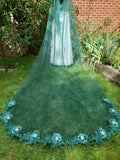 Emerald Green Wedding Cape Veil: Floral Applique Bridal Coverup with Gold Dust