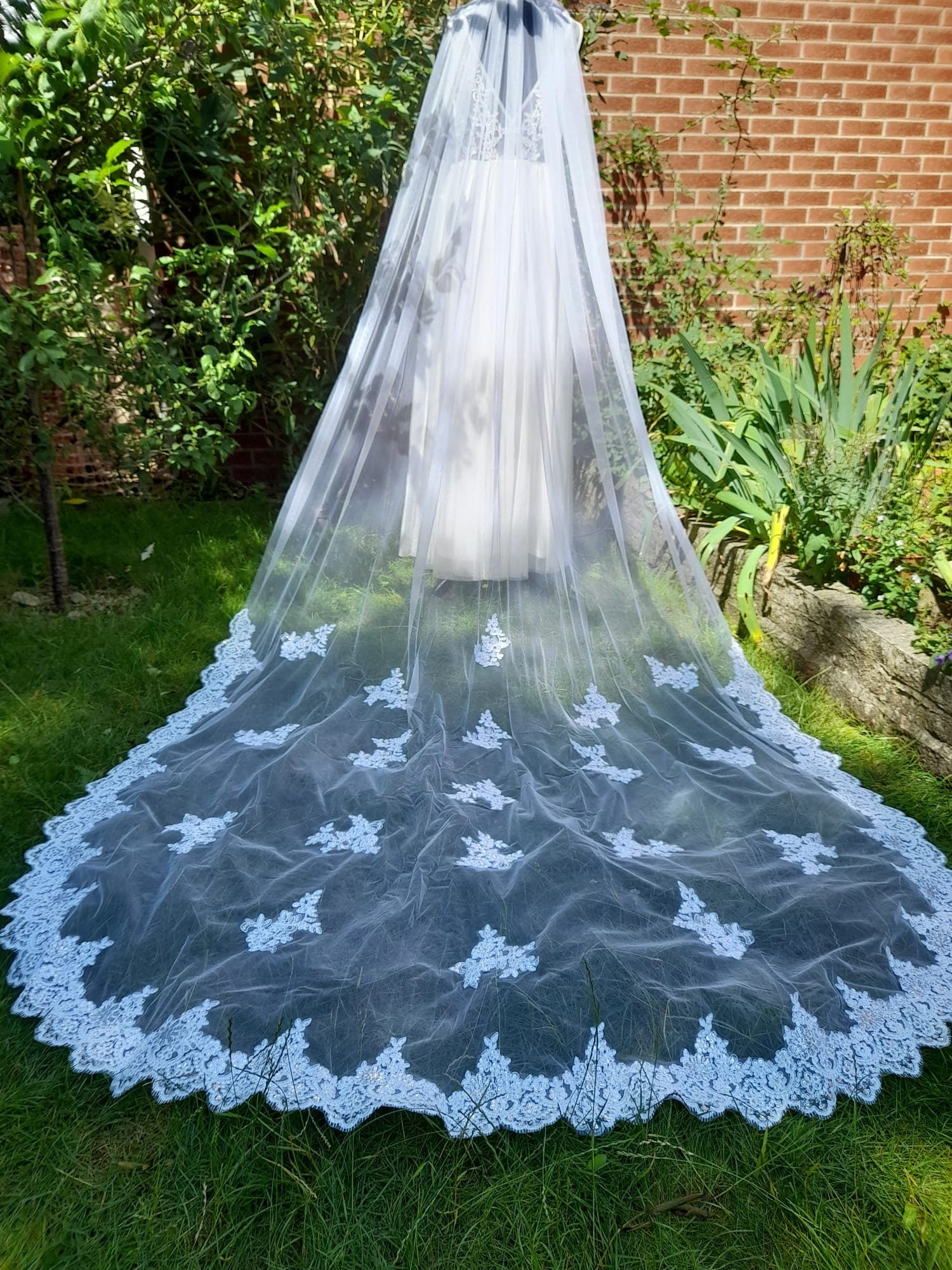 White Cathedral Veil: Sequined Lace Edge, Bridal Comb (300cm)