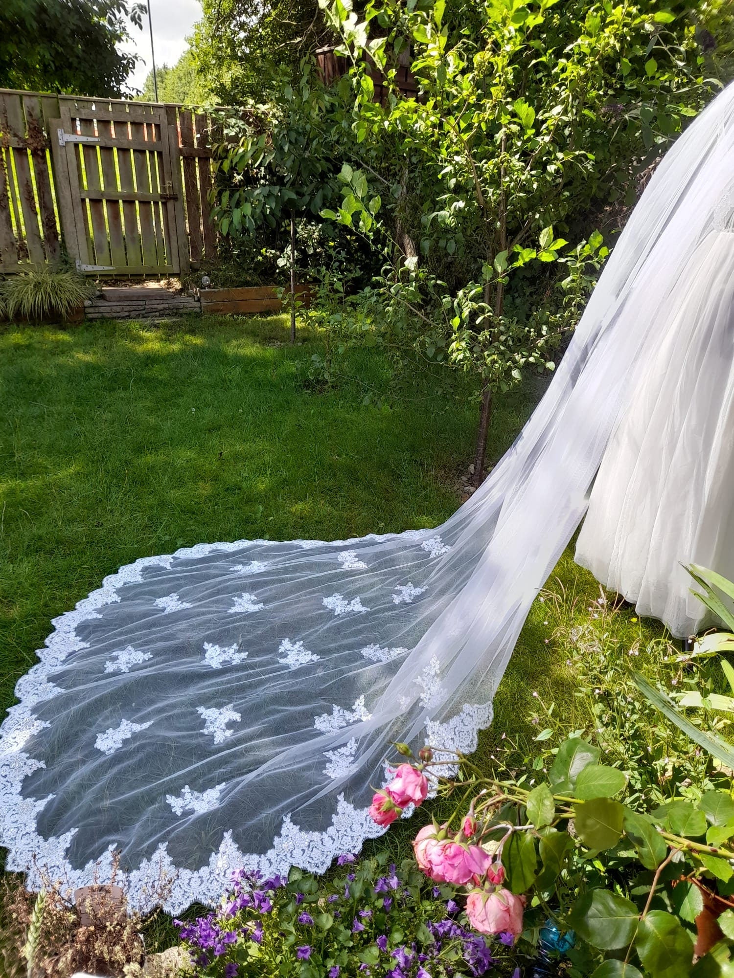 White Cathedral Veil: Sequined Lace Edge, Bridal Comb (300cm)
