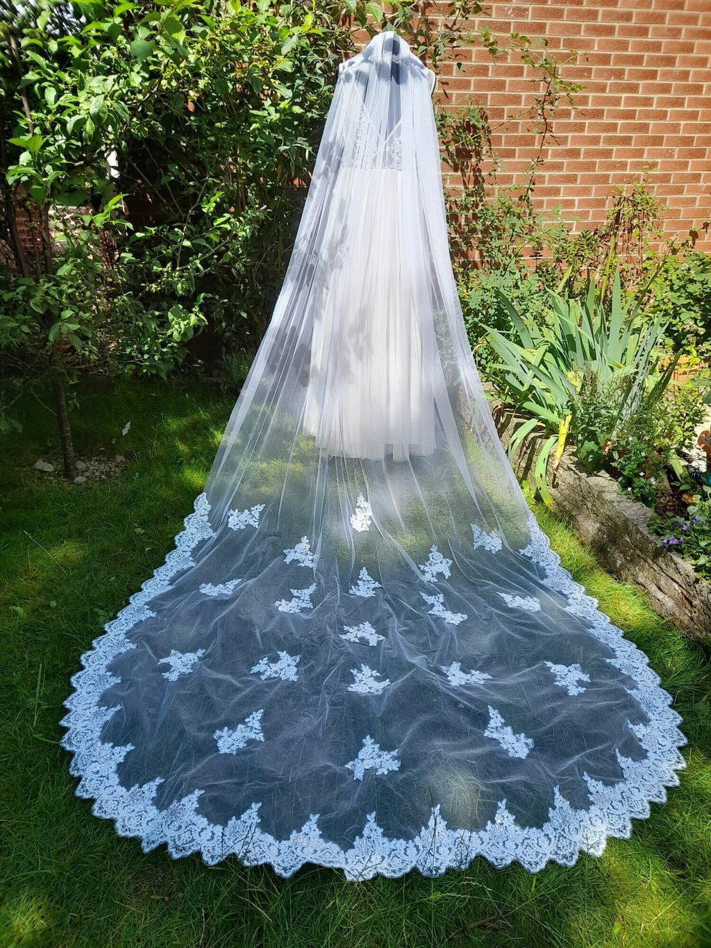 White Cathedral Veil: Sequined Lace Edge, Bridal Comb (300cm)